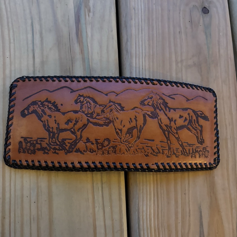 Vintage Leather Wallet Hand Tooled Bi-Fold Handmade Whipstitch Horses Stampede